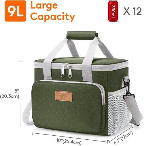 Lifewit Insulated Lunch Bag - Soft Cooler Tote for Adults | 12-Can Capacity, Gray and Green
