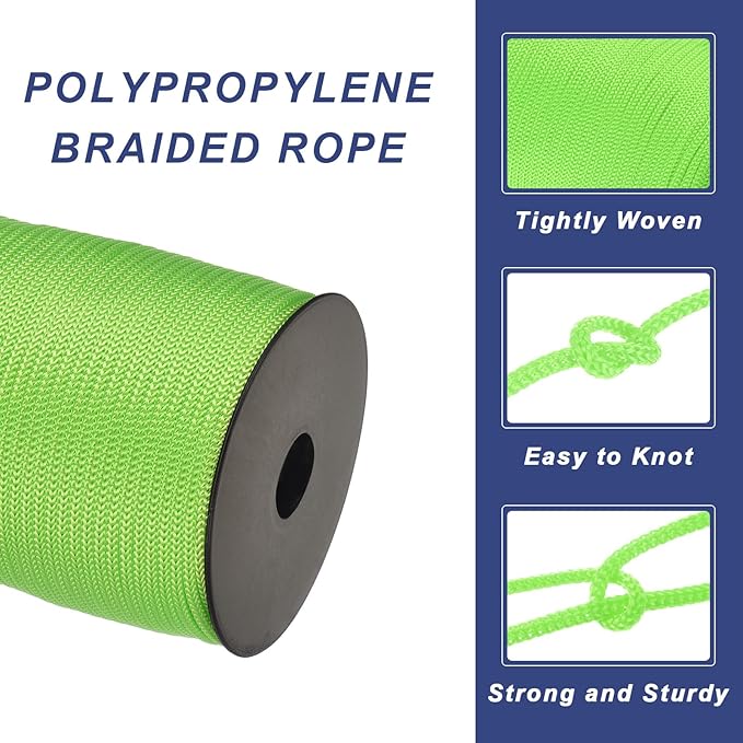 MECCANIXITY 5/32 Inch Polypropylene Rope Braided Ropes, 328ft Camping Rope Hollow Utility Cord for Clothesline, Hiking, Outdoor, Fruit Green