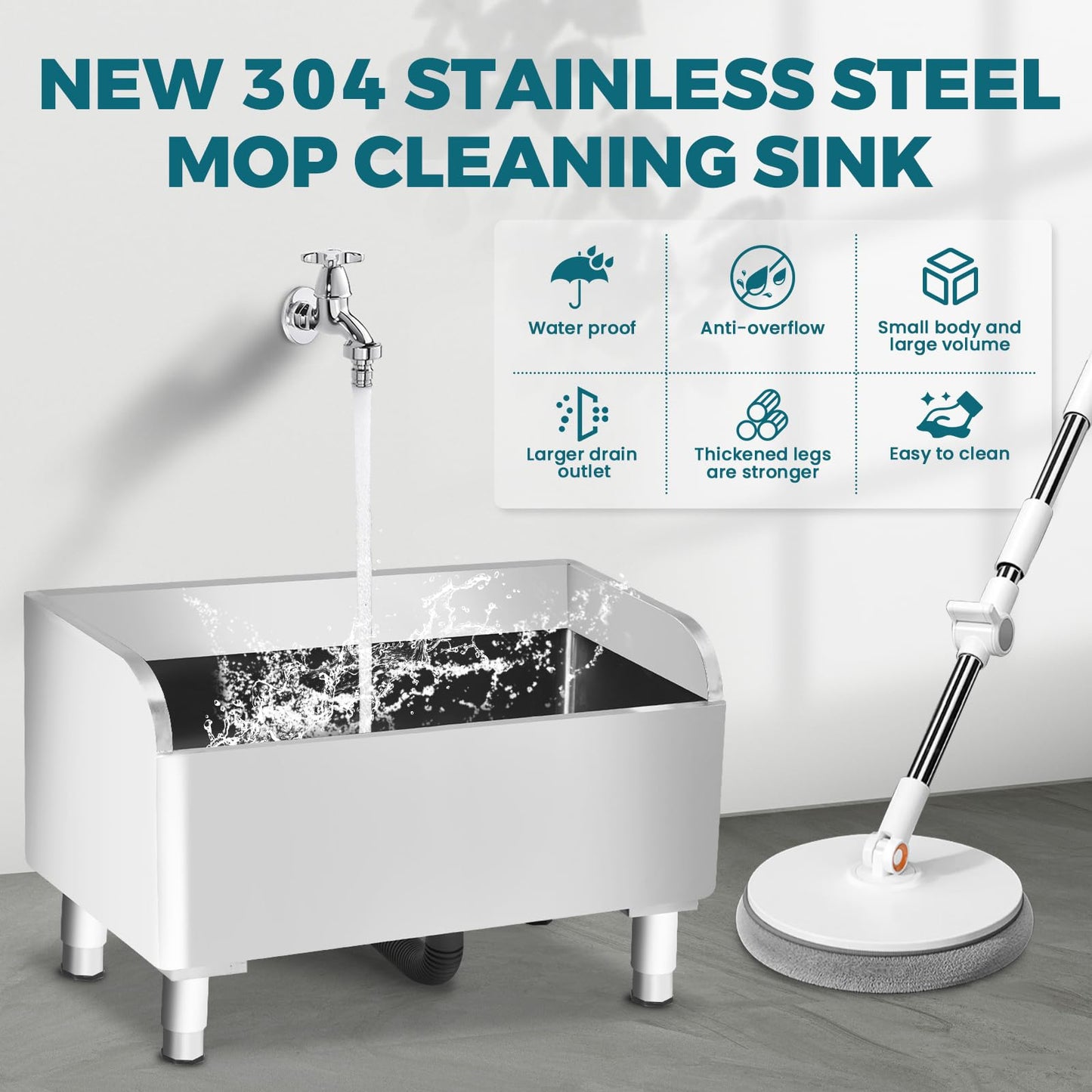 Commercial Mop Sink 304 Stainless Steel Floor Sink with Deep Basin, Anti-Splash Design & Quick Drainage Heavy-Duty Mop Service Basin for Kitchen, Laundry, Garage, Restaurant (23.6''×16.1''×21.6'')