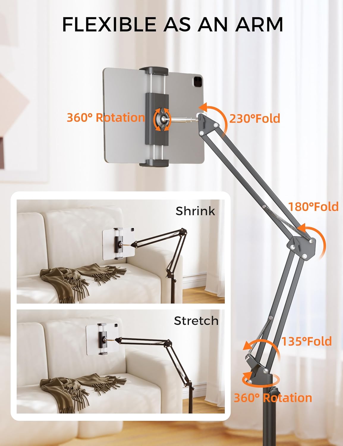 VOLTIFYMAX 360-degree 4.7~12.9 Inch-Screen Tablet Floor Stand, Rotatable Metal Tablet Stand Holder, Adjustable Kindle