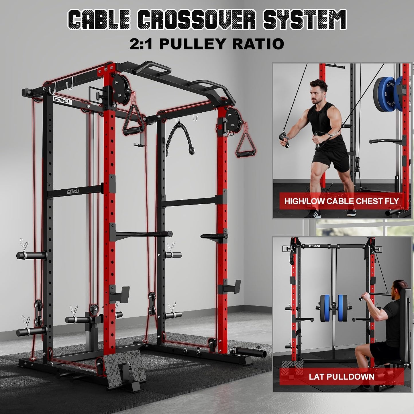Goimu R1-V4 Power Cage Rack, 2000LB Squat Rack with Cable Crossover System, Multi-Function Weight Cage, Home Gym Workout Machine with More Training Attachments (Red R1 Power Cage)