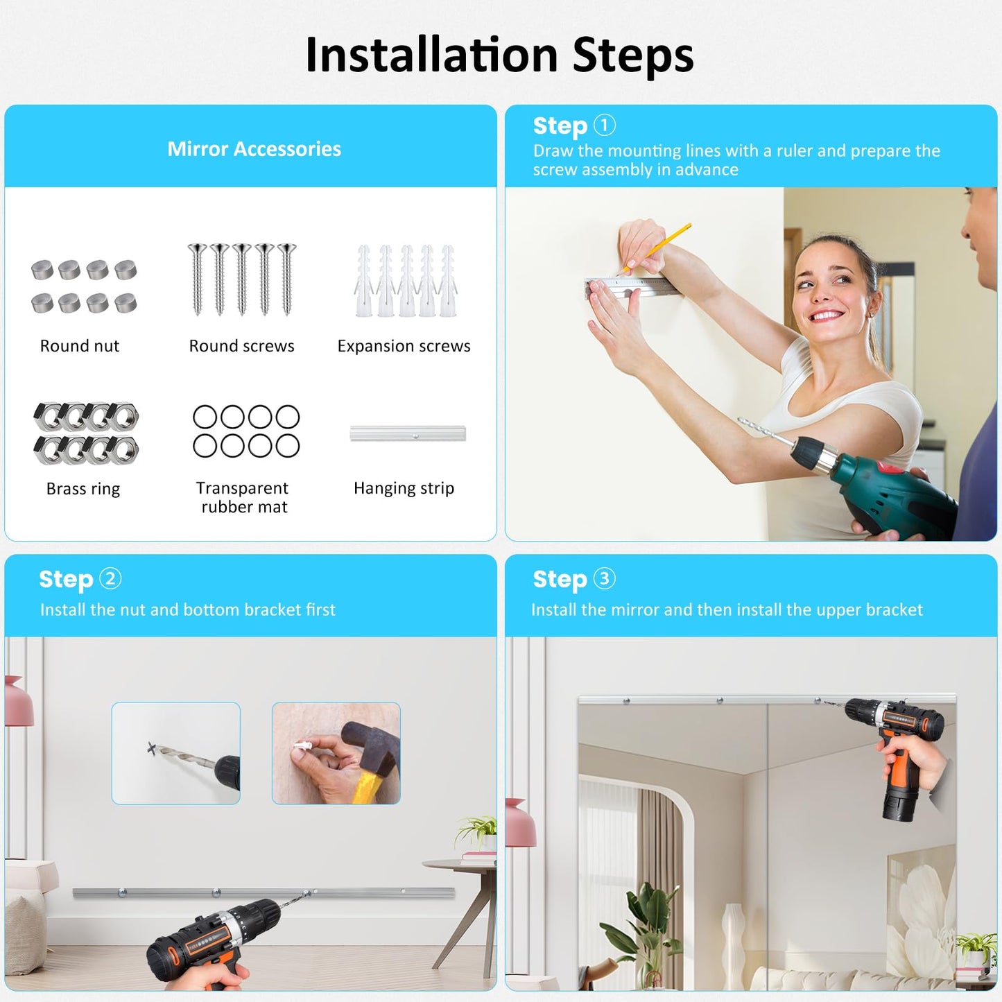 yarnuwa 65X24 3Pack Large Home Gym Mirror, Frameless Tempered Glass Dance Wall Mounted Mirror for Home, Yoga, Dancing, Studio, Living Room