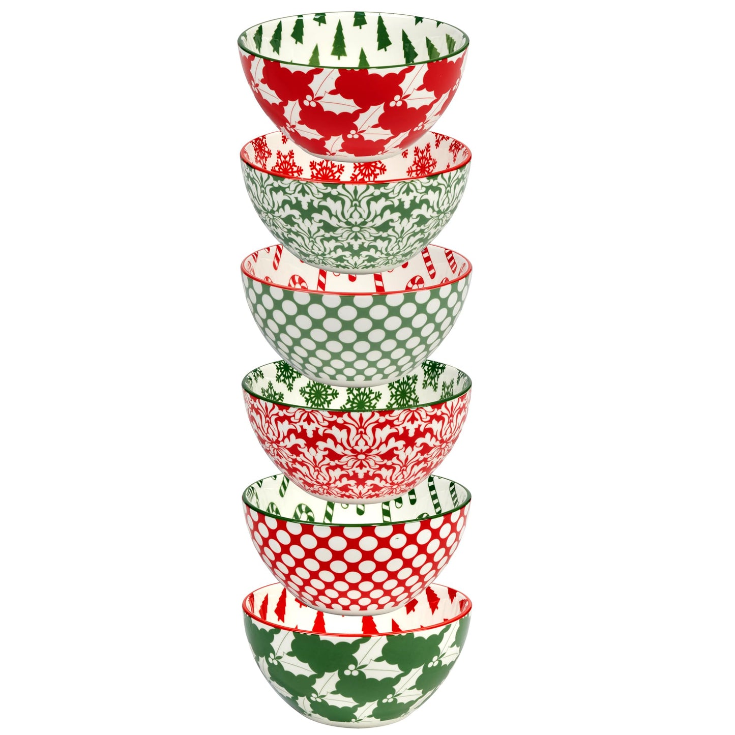 Winter Medley 13 oz All Purpose Bowls – Set of 6 Porcelain Holiday Serving Bowls for Ice Cream, Snacks, or Sides – Festive Assorted Designs for Christmas Entertaining