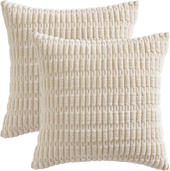 MIULEE Pack of 2 Corduroy Decorative Euro Sham Throw Pillow Covers 26x26 Inch Soft Boho Striped Pillow Covers Modern Farmhouse Home Decor for Sofa Living Room Couch Bed Cream White
