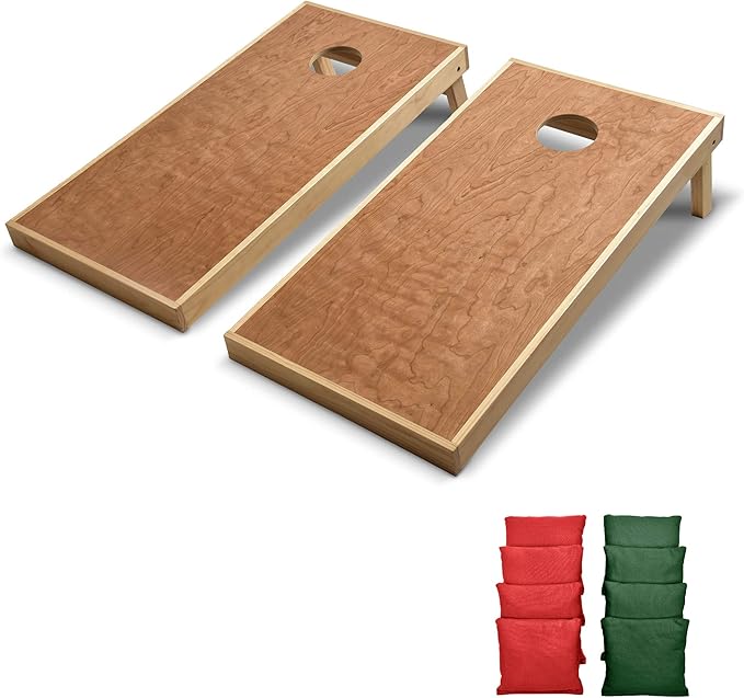 GoSports 4 ft x 2 ft Commercial Grade Cornhole Boards Set - Natural Wood Cornhole Boards, Choose from Different Bean Bag Color Combinations - Red & Dark Green