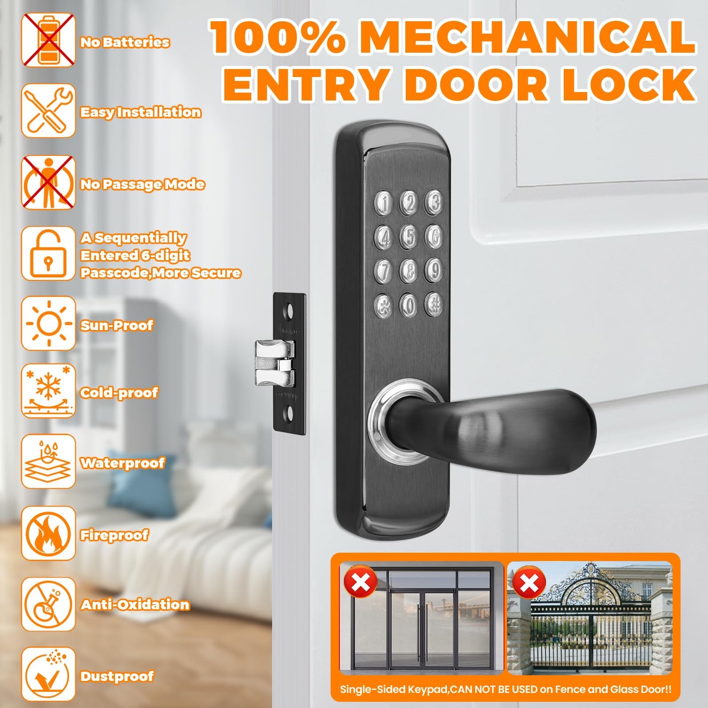 ANNFUZ Stainless Steel Mechanical Digit Keypad Handle Door Lock,Commercial Keyless Push Button Code Door Lever,Single-Sided Combination &Interior Non-Locking,Exterior Auto-Lock,Entry,Outdoor,Black