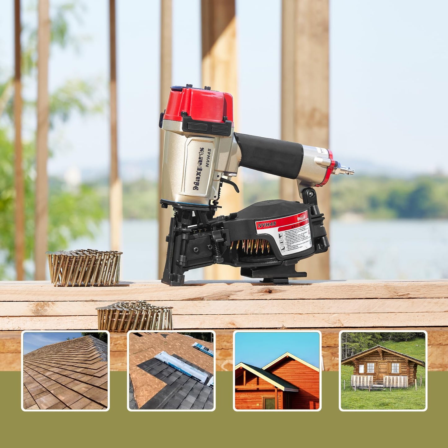 Maxparts NVH45 15 Degree Roofing Nail Gun for Wooden House Roof Building 7/8-Inch to 1-3/4-Inch Round Head Coil Nails