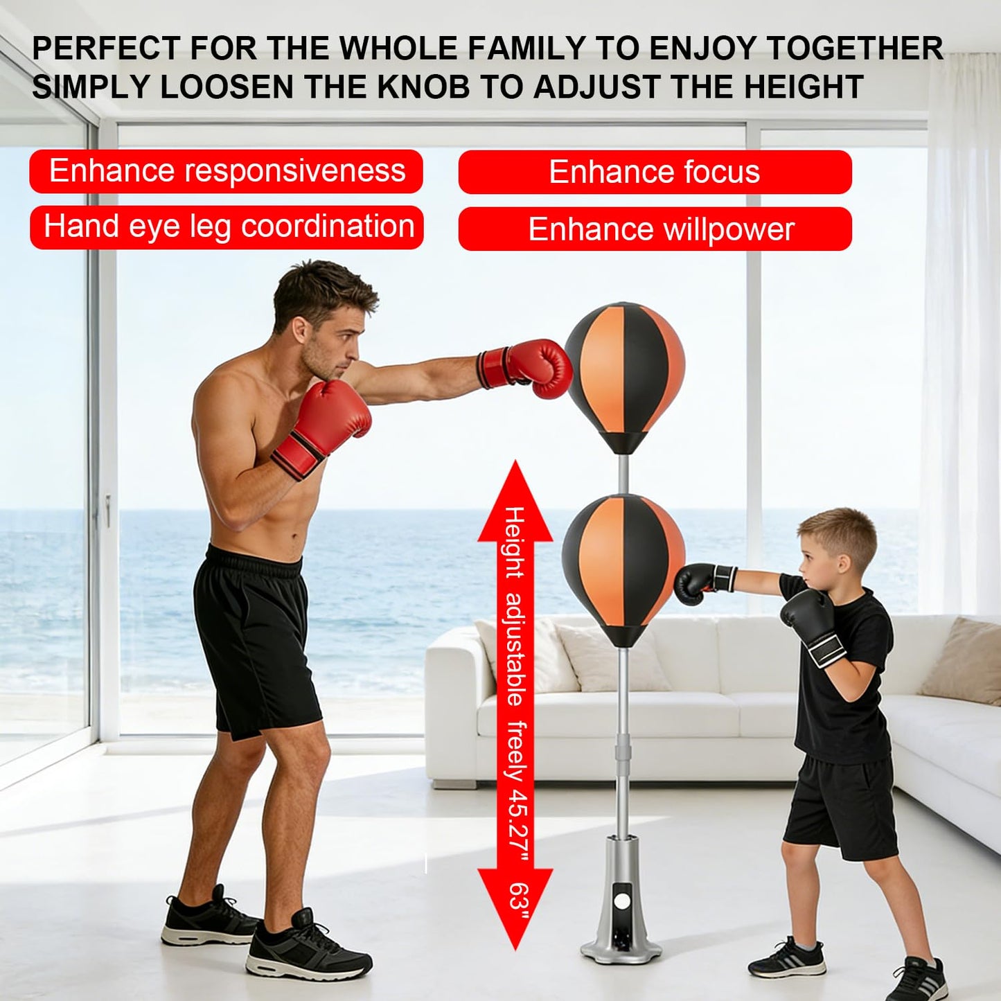 Punching Bag with Stand, Fast Bounceback Reflex Boxing Bag for Adults & Teens, Height Adjustable Speed Bag for Training, Boxing Equipment, One-Touch Suction Attachment