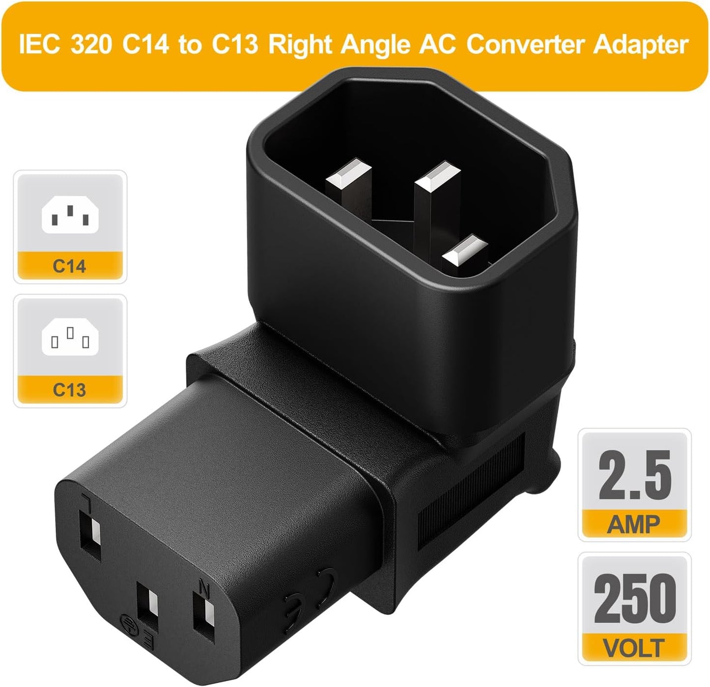 Vellcon 320 C14 C13 90 3Pole 90Degree IEC to Power Adapter PDU Plug/Socket Down Degree Wall-Mounted LCD TV AC Connector