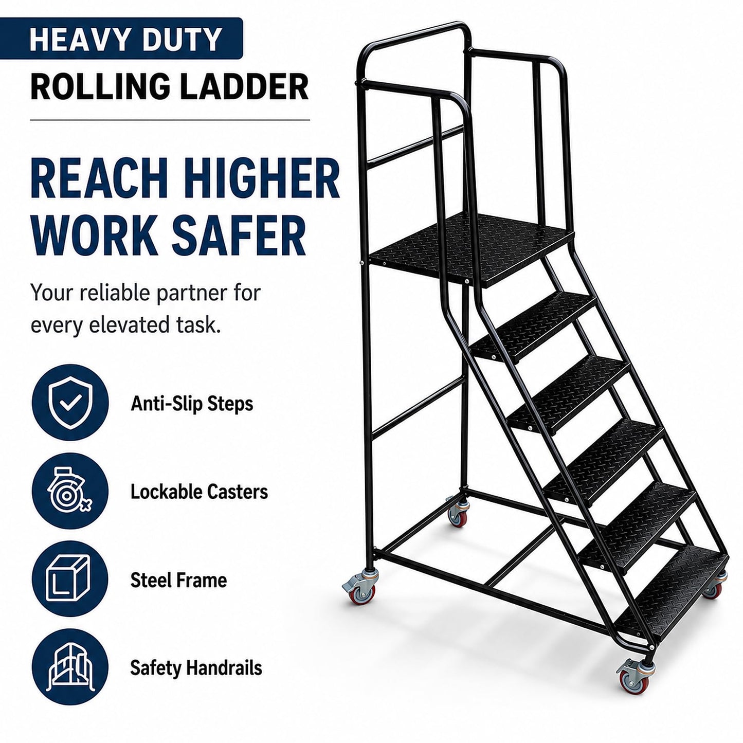6 Step Rolling Ladder with Handrails, 880 lbs Capacity Heavy Duty Steel Mobile Warehouse Ladder with Locking Wheels, Non-Slip Rolling Stairs with Large Platform for Garage, Stockroom, Library