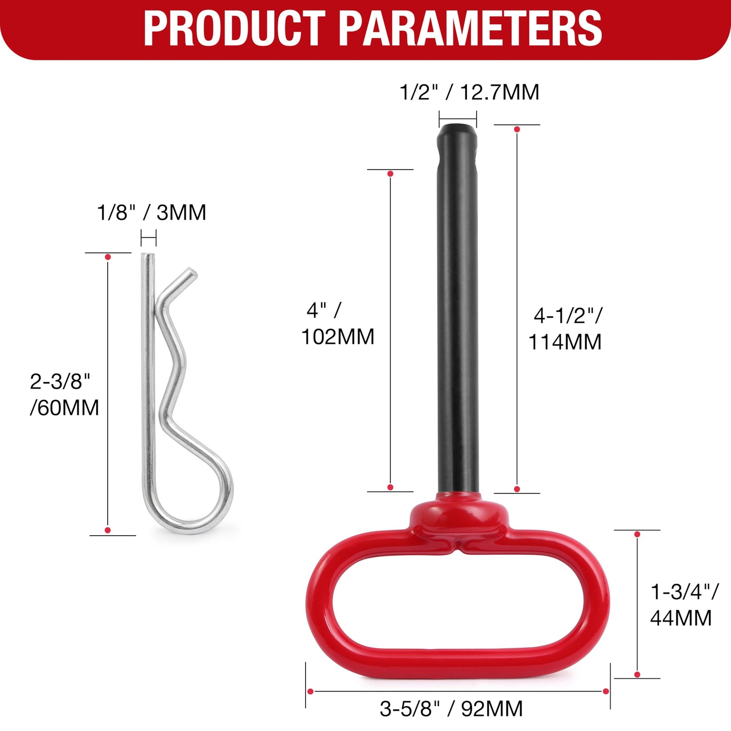 Jamiikury Trailer Hitch Pin, 1/2 x 4 Inch Tractor Hitch Pin with R-Clip Pin for Lawn Mower, Tractor, Trailer (Red)