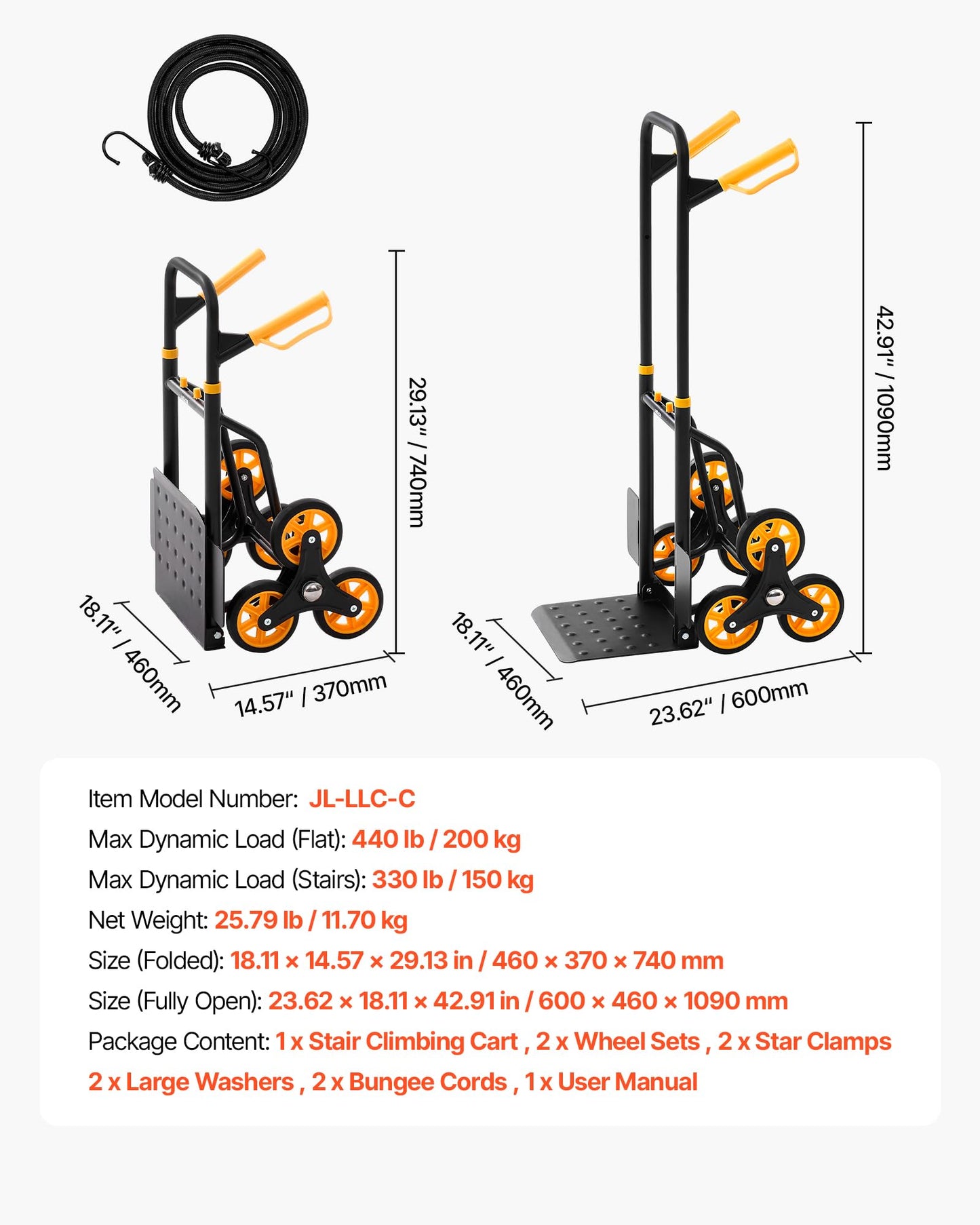 VEVOR Stair Climbing Cart 440 lbs, 330 lbs Stair-Climbing Capacity, Heavy-Duty Folding Trolley Cart with Telescoping Handle, 6 Wheels and 2 Bungee Cords for Home, Groceries, Warehouse