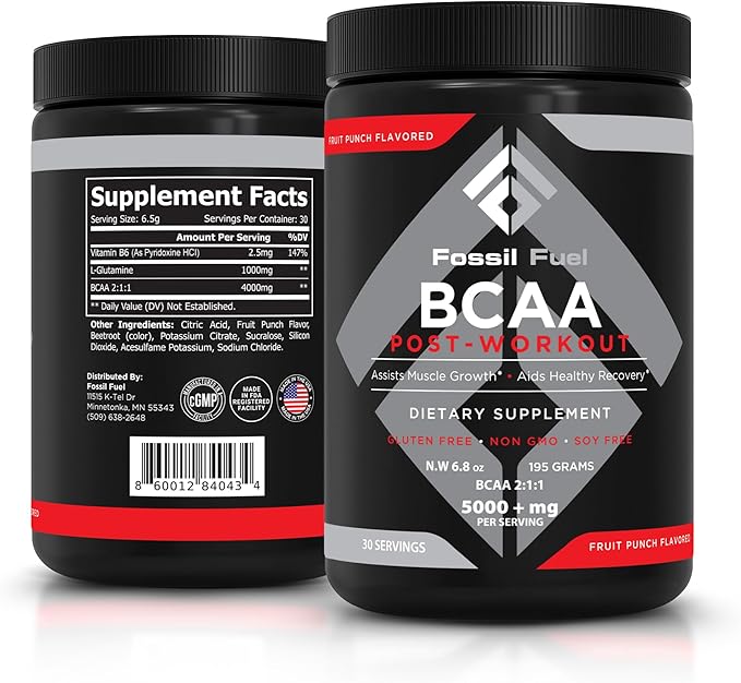 Fossil Fuel BCAA Sugar-Free Post-Workout Powder with BCAA?™s, Glutamine, Vitamin B6 Essential Amino Acids for After Workout Muscle Recovery, Endurance and Hydration Fruit Punch (30 Servings)
