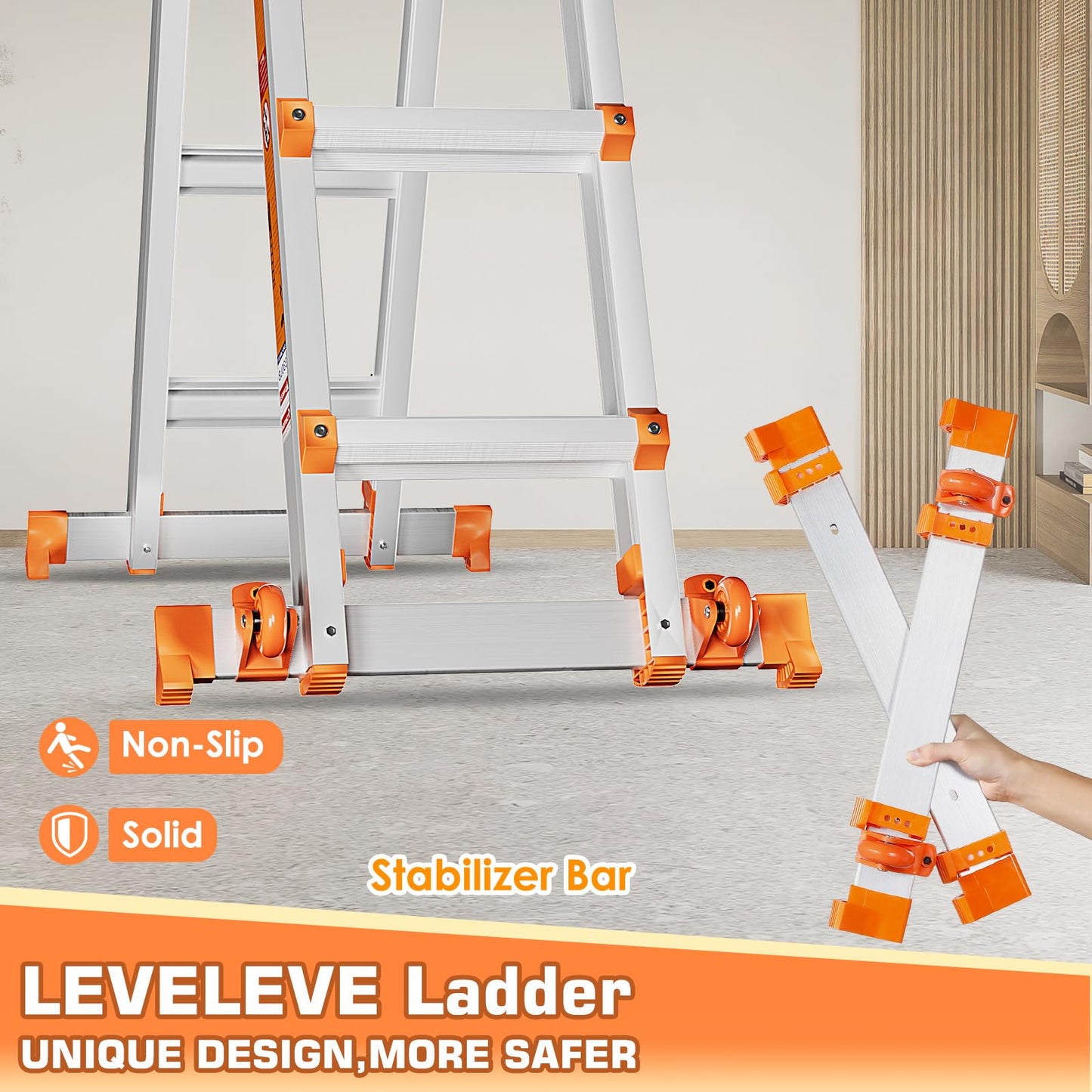 LEVELEVE Telescoping A Frame Ladder, 14FT Multi Position Ladder with Stabilizer Bar & Wheels,330 lbs Security Load for Stairs Home Indoor Outdoor Roof