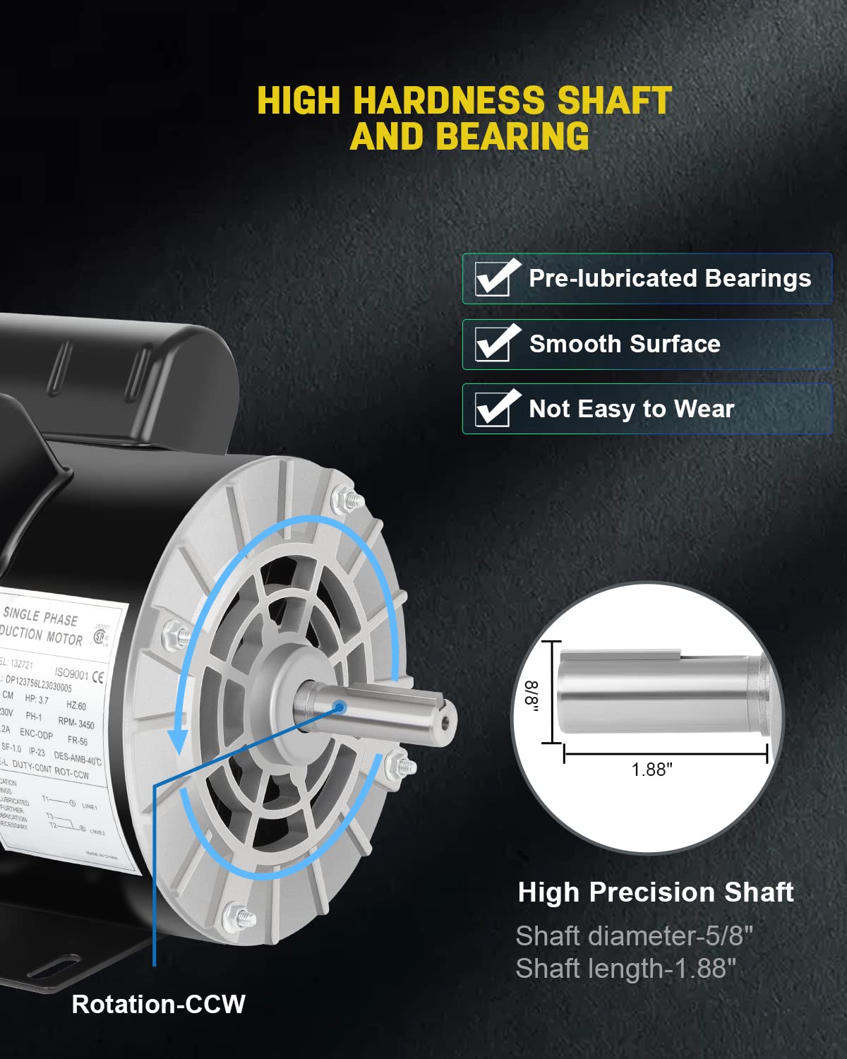 3.7 HP Air Compressor Motor, 3450 RPM Electric Motor, 230V 17.2A Single Phase Motor, 56 Frame 5/8" Keyed Shaft, Commercial-Duty CCW Rotation, 1.88" Shaft Length for Air Compressors
