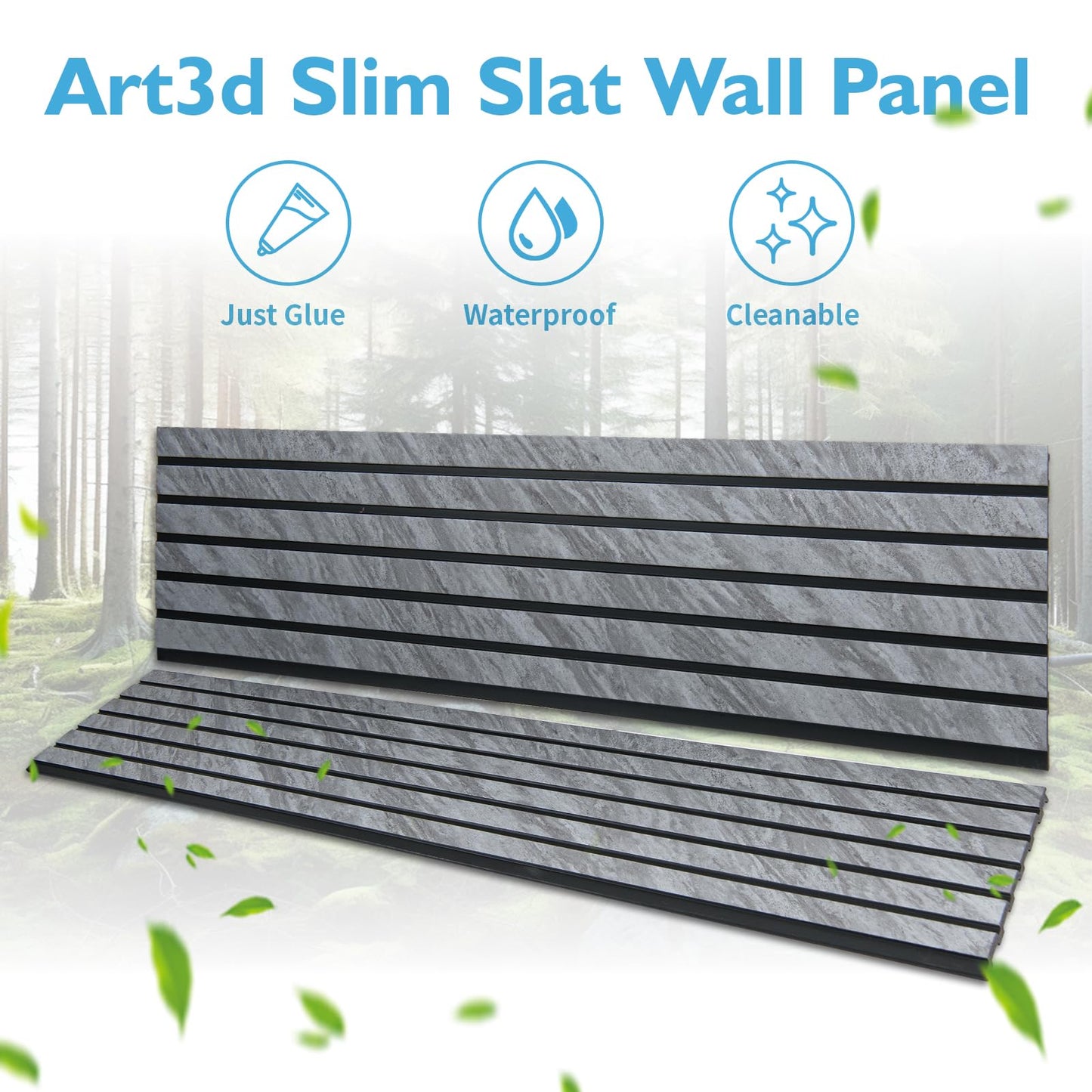 Art3d 4-Pack Glue-On Six-Grid Wainscoting Panel for Interior Wall Decor - 104 x 12 Inch Polystyrene Ultralight Slim Slat Wall Panels for Living Room Bedroom, Granite