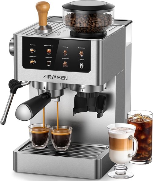 AIRMSEN Espresso Machine - 20 Bar Coffee Maker with Burr Grinder & Milk Frother | Stainless Steel for Home Use
