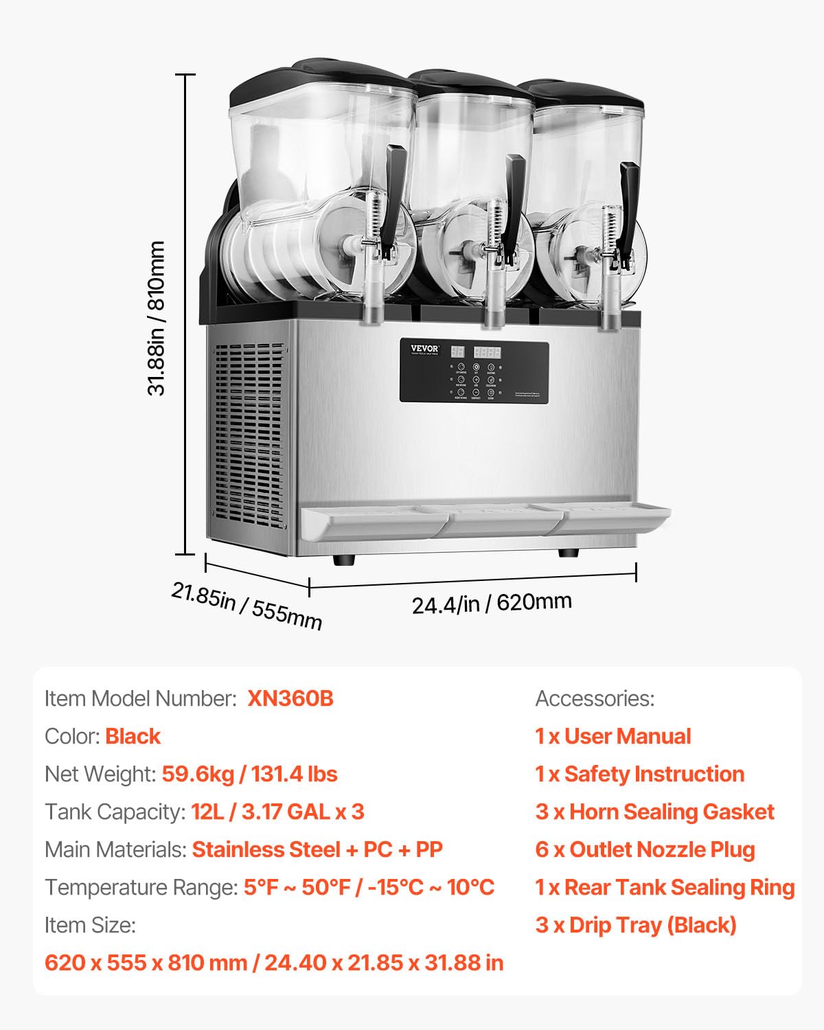 VEVOR Commercial Slushy Machine, 12Lx3 Triple Tank Frozen Drink Machine, 144 Cups Stainless Steel Margarita Smoothie Frozen Drink Maker, Slushie Maker for Home Party Restaurants Cafe Bars