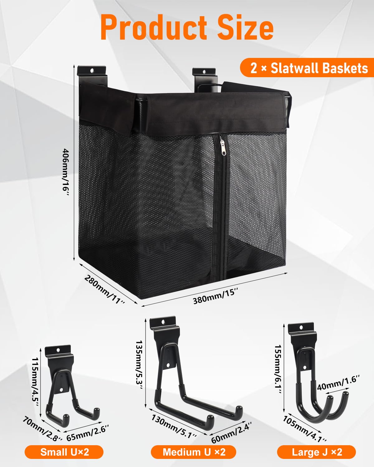 ZORUNNA 2PCS Slatwall Basket with Zipper, 6 PCS Heavy Duty Hooks, 16x15x11 Inch Slatwall Accessories, Easy to Install Garage Storage Mesh Basket for Shop Gym Toy Display Storage.