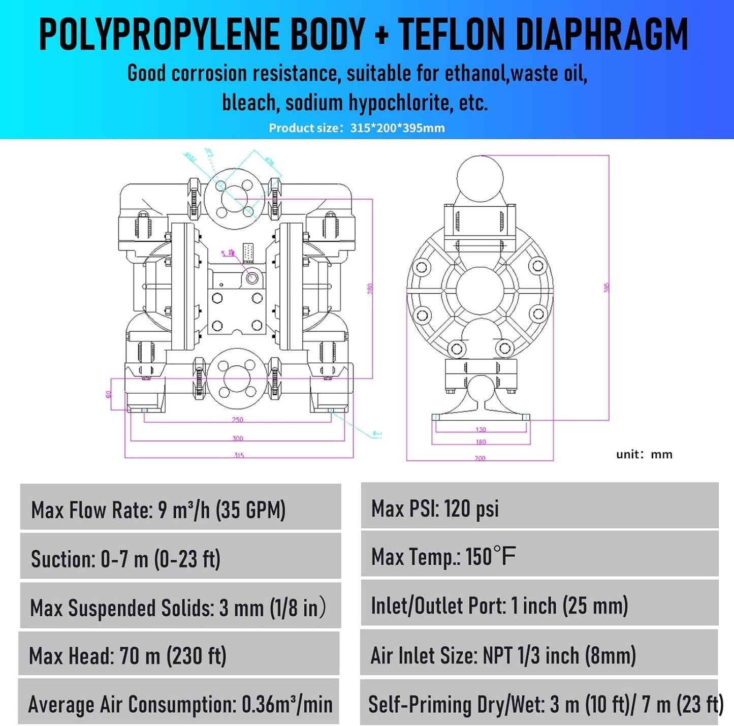 Air Operated Double Diaphragm Pump Frank 1 inch Inlet/Outlet Pneumatic Waste Oil Transfer Pump for Chemical DN25 35GPM Dual Diaphram Teflon by Polypropylene 115 PSI (QBY4-25 1"PP+PTFE 35GPM)