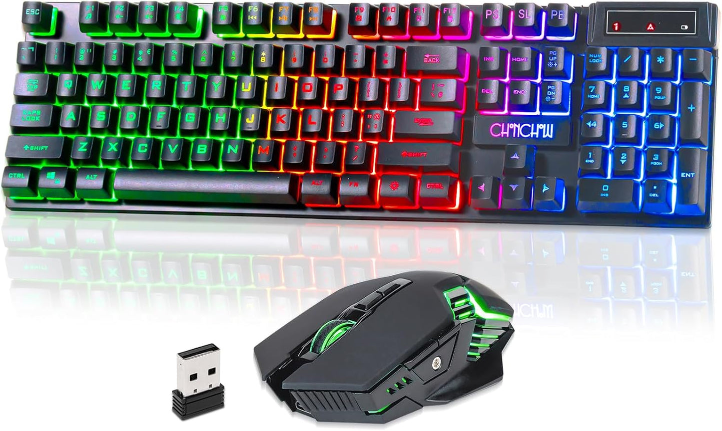 CHONCHOW 2.4G Wireless Keyboard and Mouse Combo - Rechargeable USB Rainbow LED Backlit Wireless Gaming