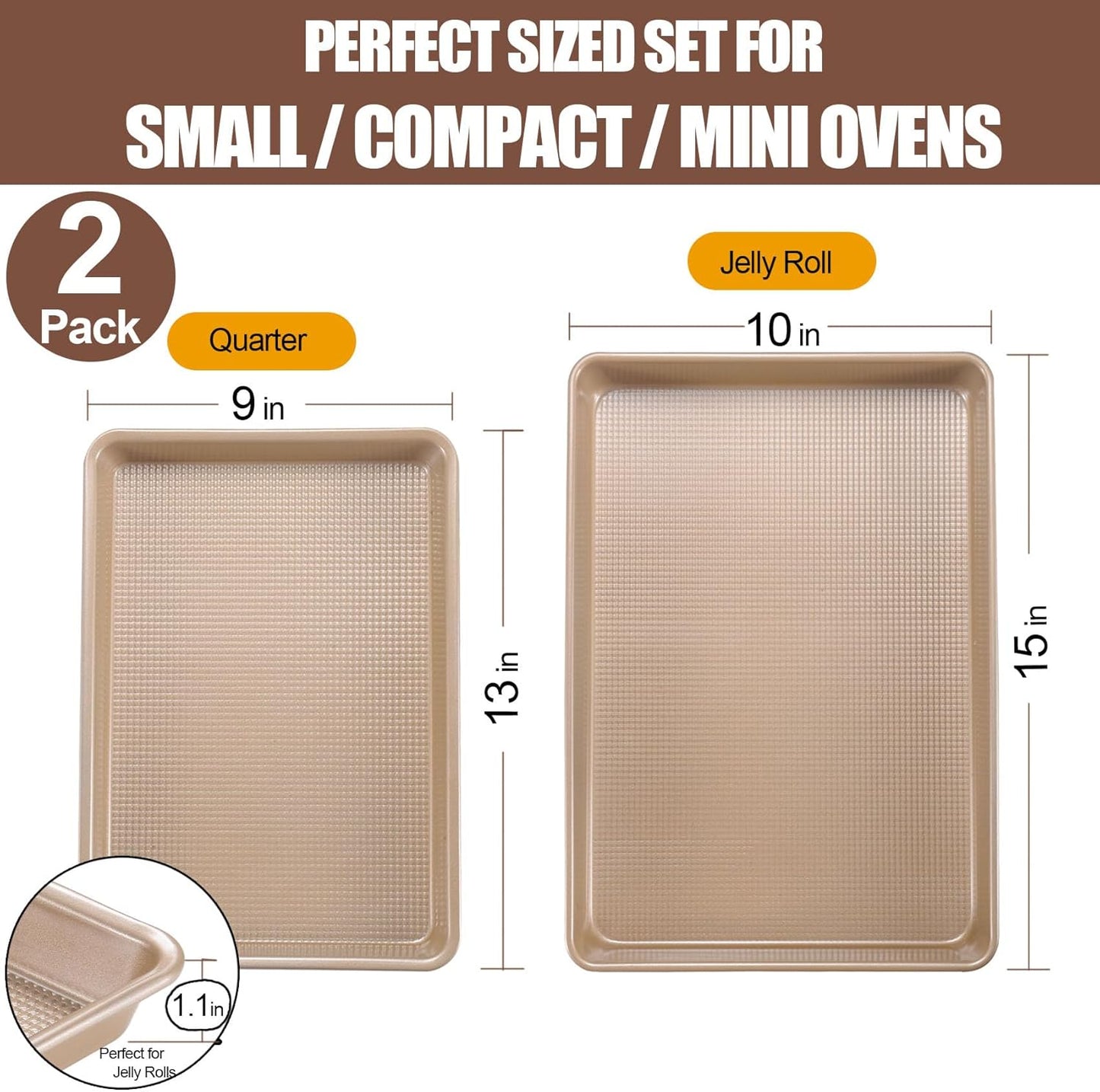 Skiennix Nonstick Cookie Sheets - Heavy Duty 2-Pack Baking Pan Set | Quarter (9x13in) & Jelly Roll (10x15in)