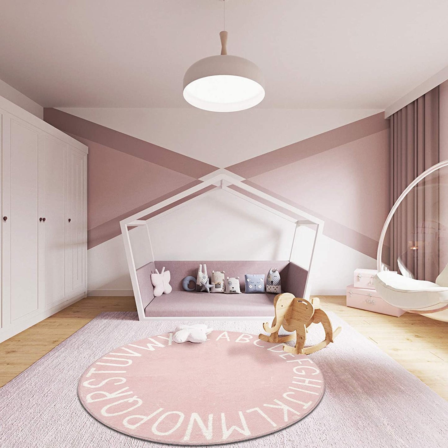 Topotdor Round Kids Play Rug Alphabet Nursery Area Rug Extra Large Soft Crawling Play Mat for Children Toddlers Bedroom (47 inch, Pink)