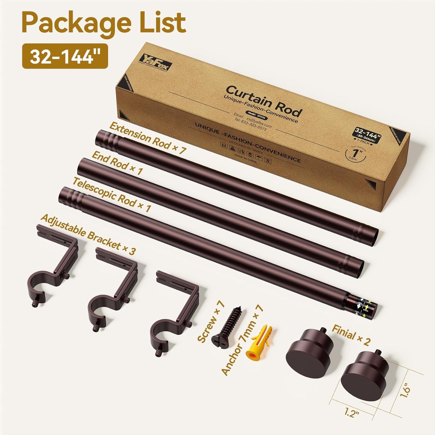 YaFex Curtain Rods - Heavy Duty 1 Inch Adjustable Window Treatment Rods | 32-144 Inch, Bronze Finish