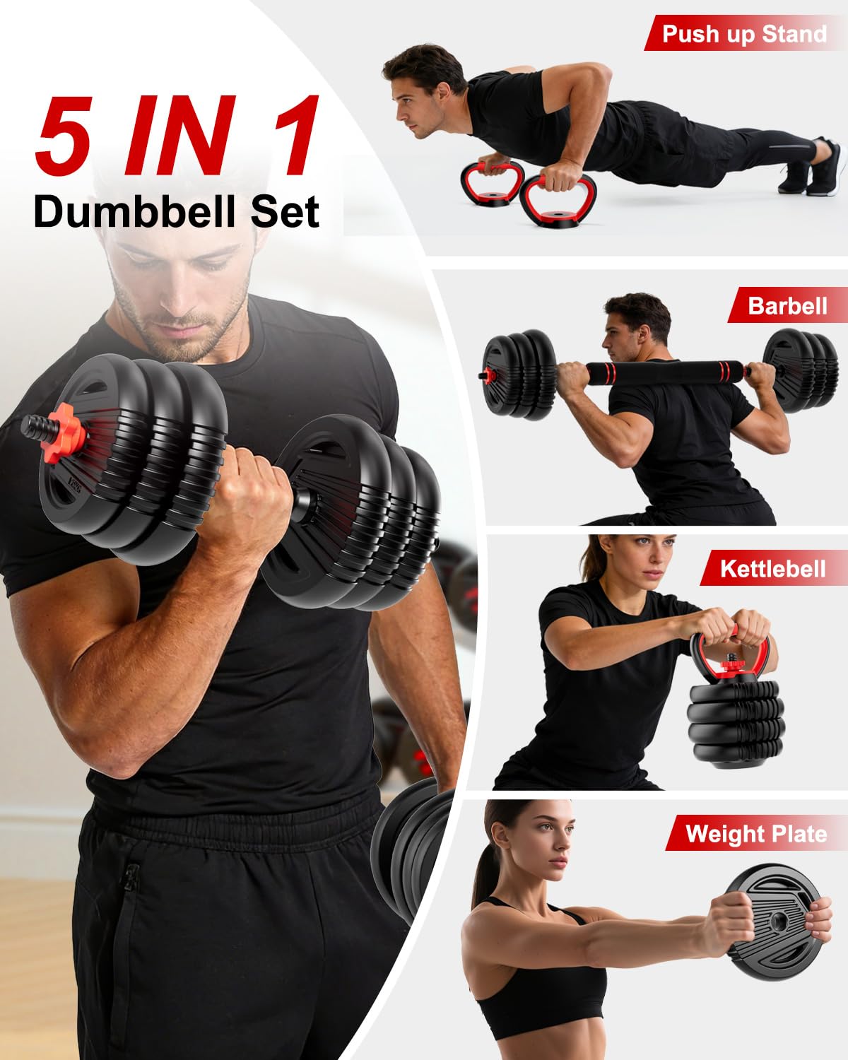 UNNMIIY Adjustable Dumbbells, 20/30/45/70/90lbs Free Weight Set with Connector,5 in1 Dumbbells Set Used as Barbell, Kettlebells, Push up Stand, Fitness Exercises for Home Gym Suitable Men/Women