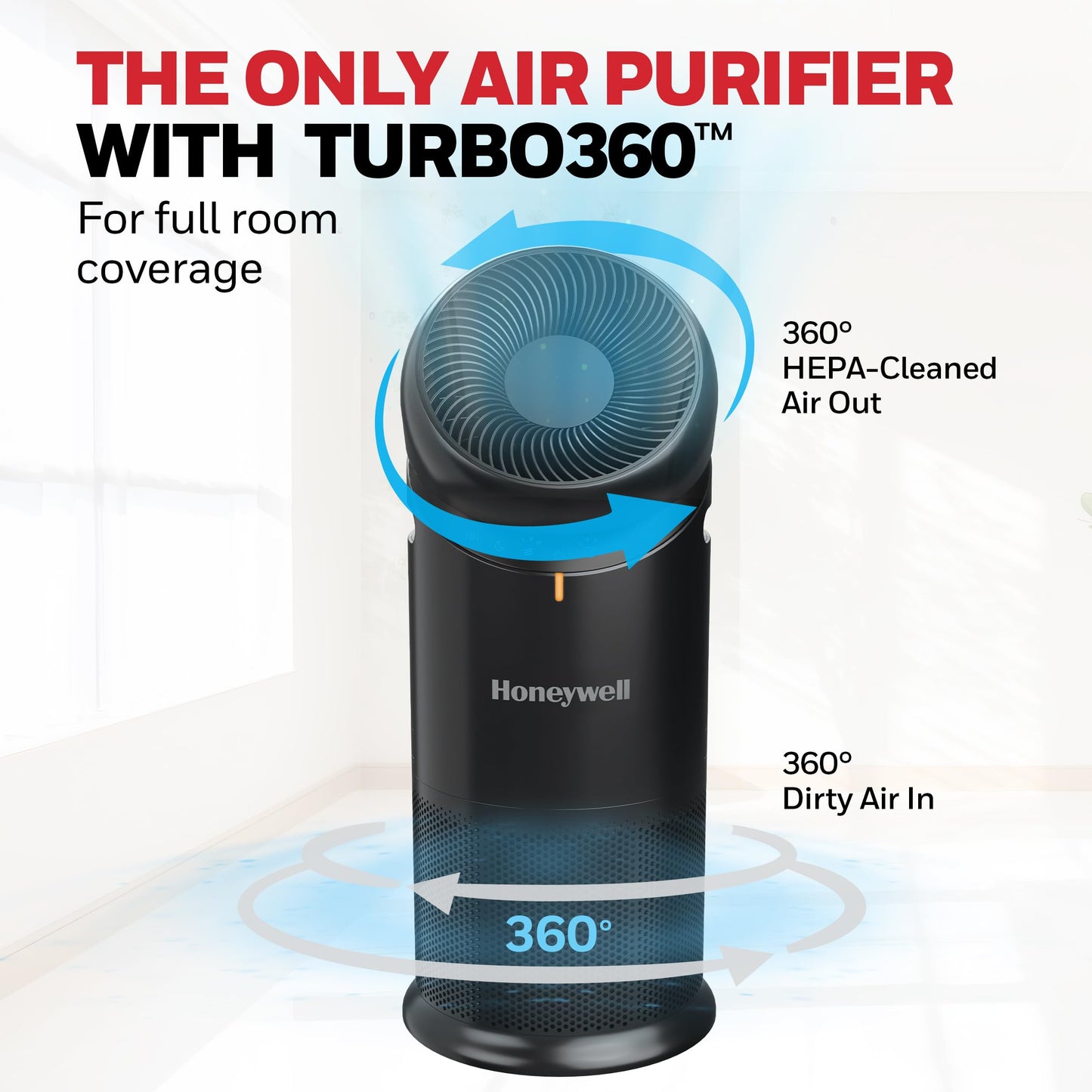 Honeywell Allergen Plus™ 3-in-1 HEPA Air Purifier for Home, Fan & Adjustable Airflow for Large Rooms up to 1928 Ft², Air Quality Sensor, Reduces Allergens, Pet Dander & Odors, Black, HPA6000B
