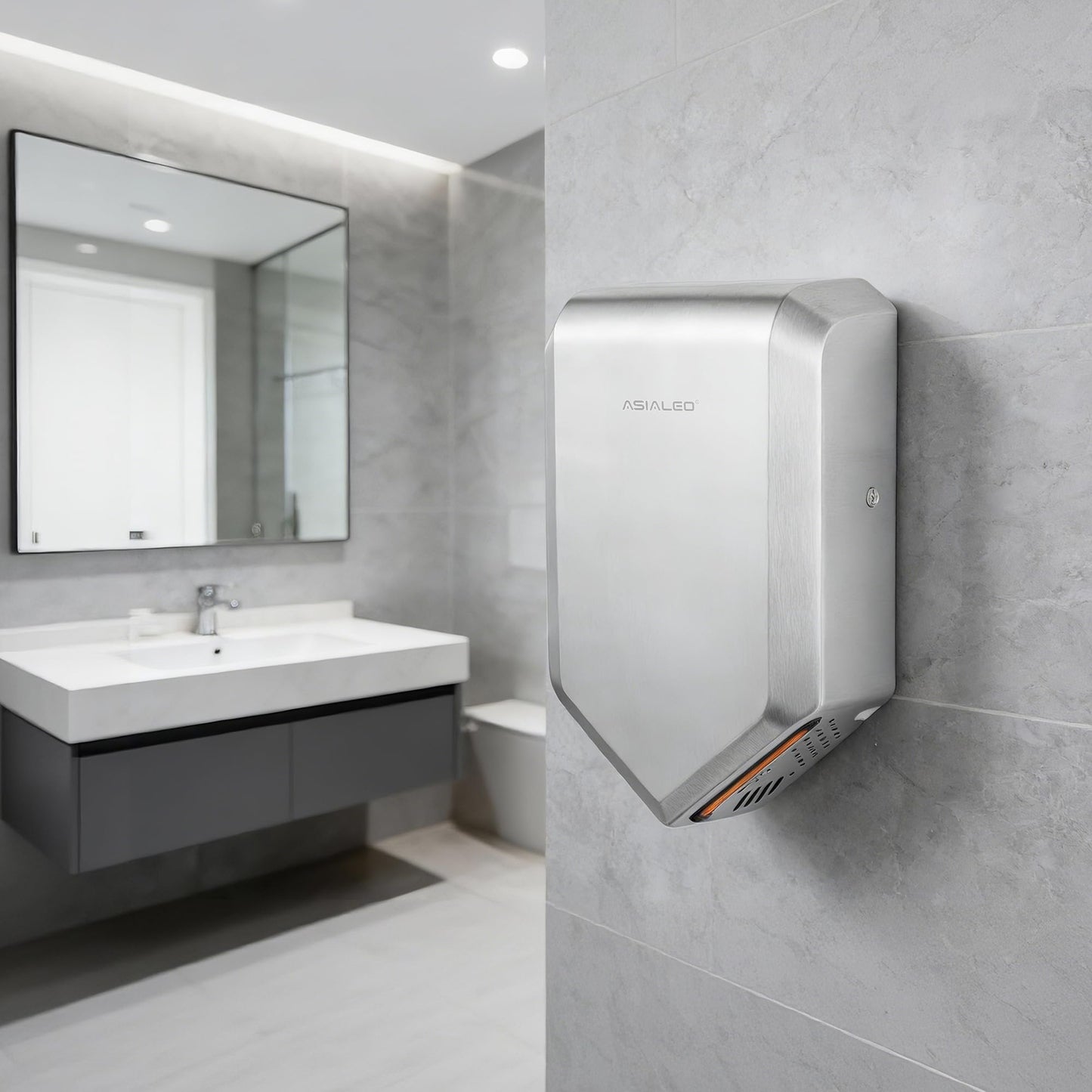 ASIALE Double Air Wiper Commercial Hand Dryer, Hot/Cold Air Switchable, Sound and Speed Control, Brushed Stainless Steel, 1000W, AC110V-130V