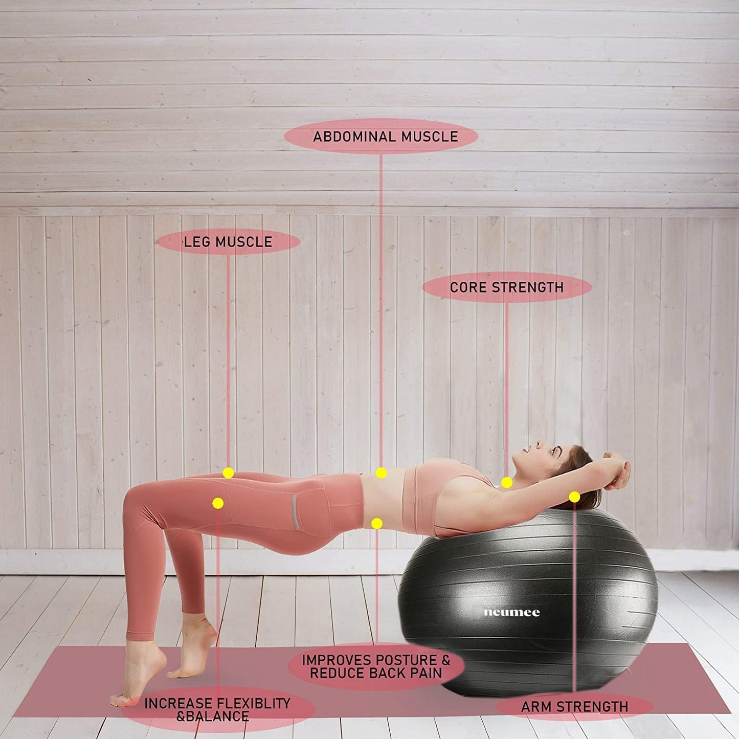 NEUMEE Yoga Ball Chair with 65cm Exercise Ball & 2 Resistance Bands, Stability Base for Home Office, Yoga, Pilates & Fitness, Balance Ball for Posture, Core Strength & Low Impact Workouts (Black)