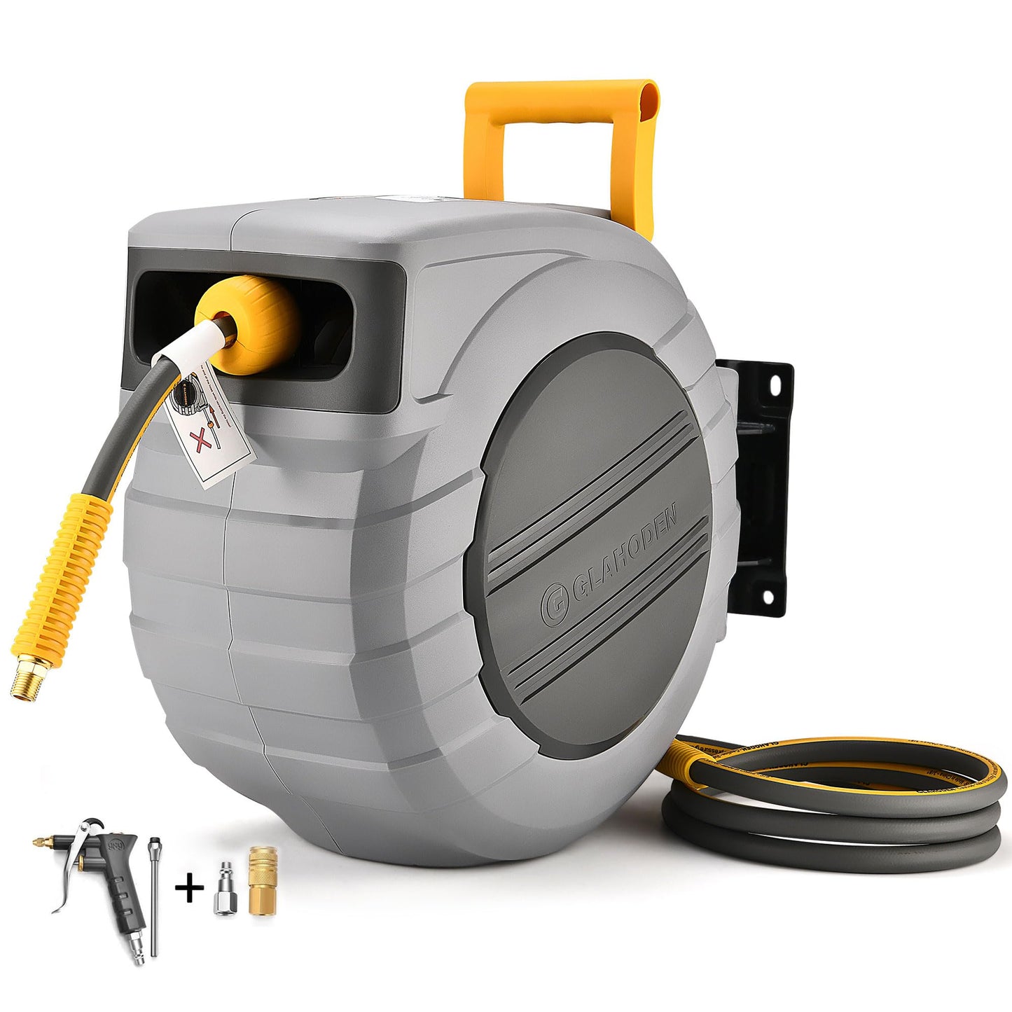 GLAHODEN Retractable Air Hose Reel, 3/8 in x 100 Ft Hybrid Hose Air Compressor Hose Reel with 6 Ft Lead in Max 300 PSI Patented Design for Any Length Lock 180°Swivel Bracket Quick Coupler