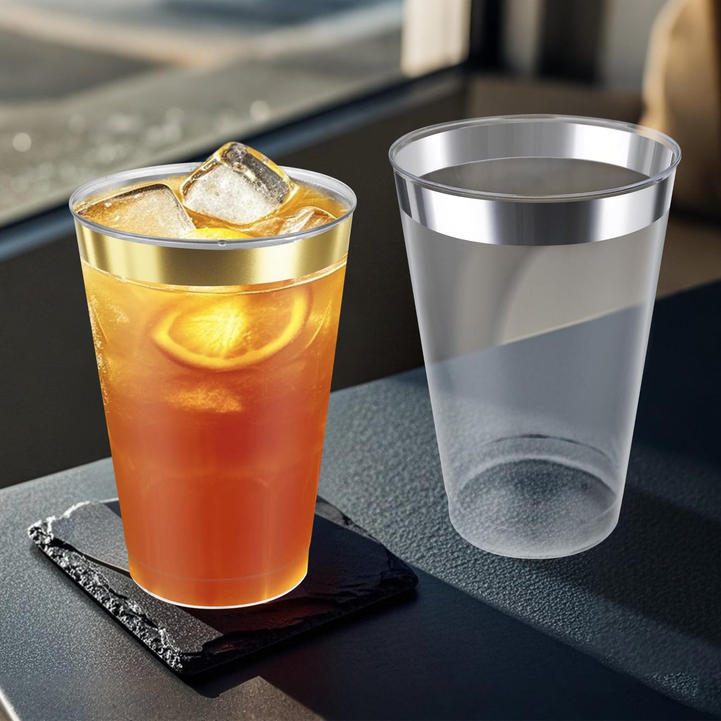 Byvivace 50counts 9 OZ. Disposable Cups Old fashioned Party Tumblers, 9 Ounce Squat Cups Gold Wine Glasses Hard Plastic Cups with Gold Rim