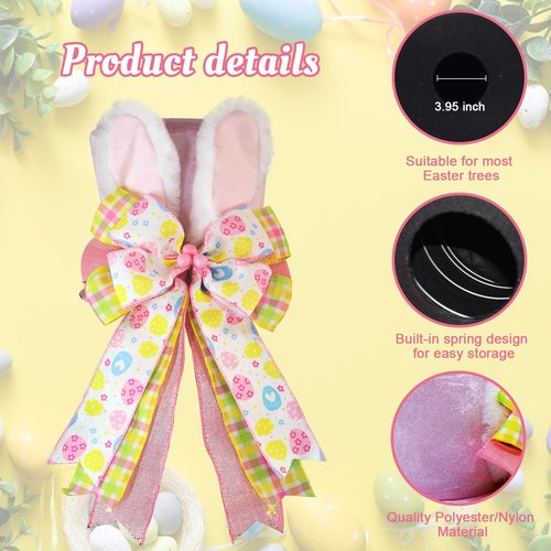 Easter Tree Topper Hat with Bunny Ears, Pink Velvet Top Hat Tree Topper with Bow, Egg Ribbon Spring Tree Decorations Ornament for Easter Christmas Tree Indoor Outdoor