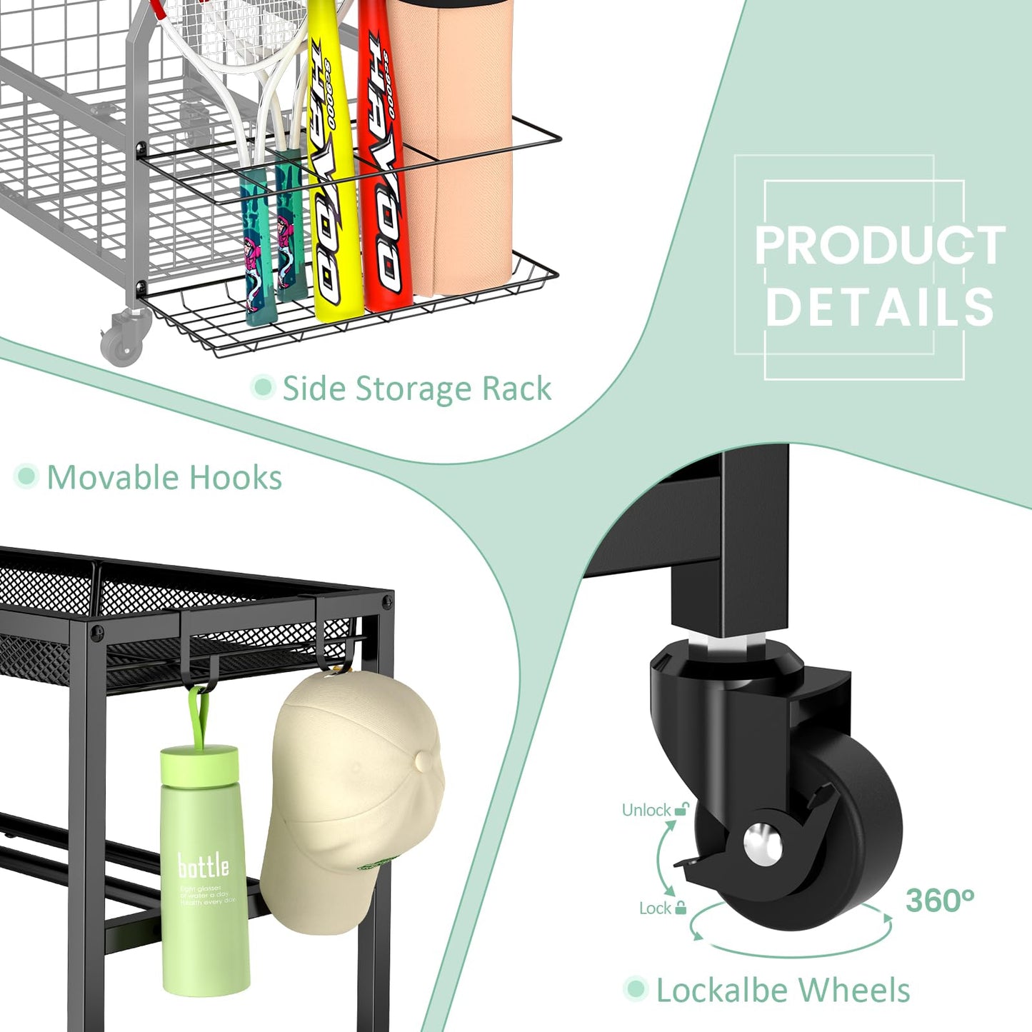 ThreeHio Home Gym Storage Rack, Dumbbell Rack with Yoga Mat Storage, Weight Rack Stand with Lockable Wheels and Hooks, Home Workout Equipment Organizer for Yoga Mate, Dumbbell, Kettlebells, Ball Storage