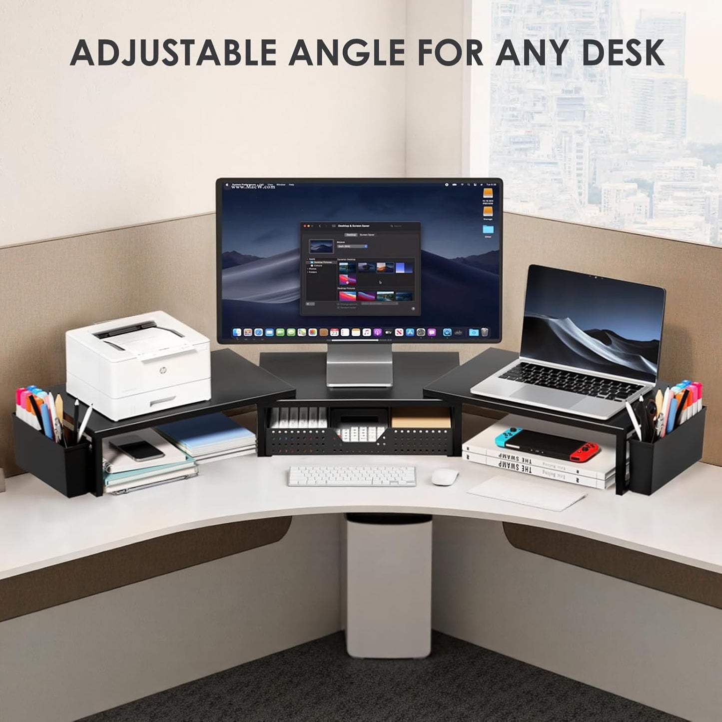 2 OPNICE Desk Organizers and Accessories, Dual Monitor Stand Riser with Drawer and Pen Holders, Desk Shelf Metal