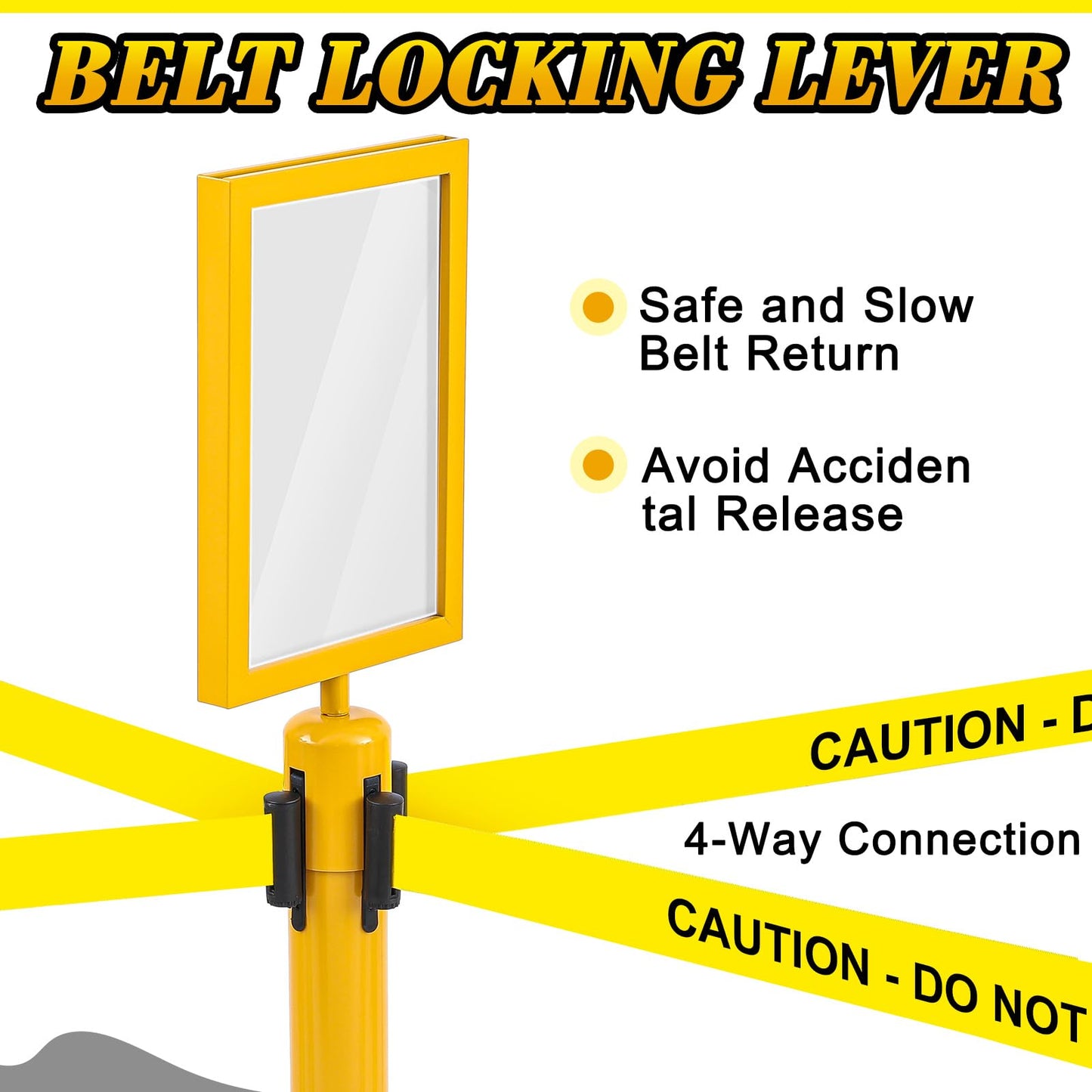 Therwen 6 Pack Heavy Duty Crowd Control Stanchions 9.8 ft Stainless Steel Stanchion Set with 6 Safety Barrier Post Retractable Belt and 1 Sign Holder Crowd Control Barrier(Caution Belt,Yellow)