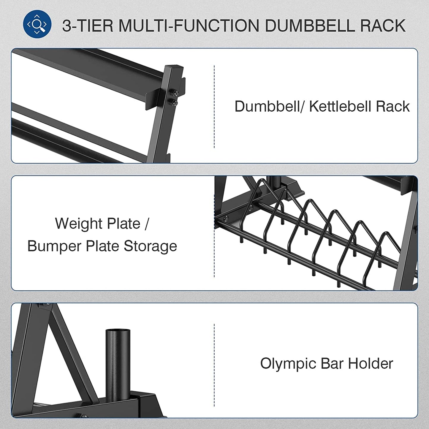 ULTRA FUEGO Dumbbell Rack 3-Tier Weight Plate Rack Storage Stand for Dumbbell/Kettlebell/Weight Plate and Curl Bar