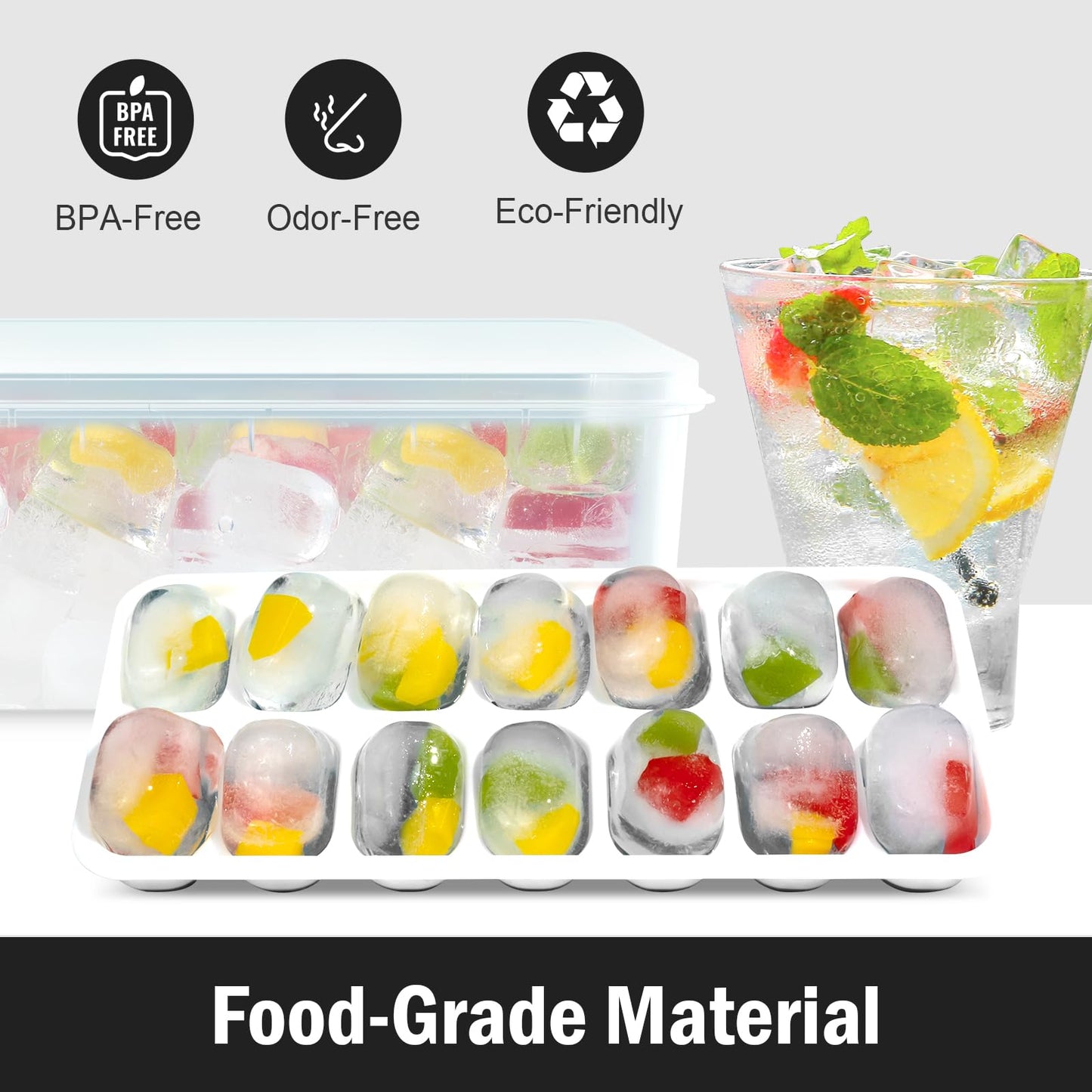 DclobTop Ice Cube Trays with Lid and Bin, Ice Trays for Freezer - Easy to Release Silicone Mold, Stackable Reusable Plastic Molds for Cocktails, Whiskey, Drinks and Iced Coffee, BPA-Free