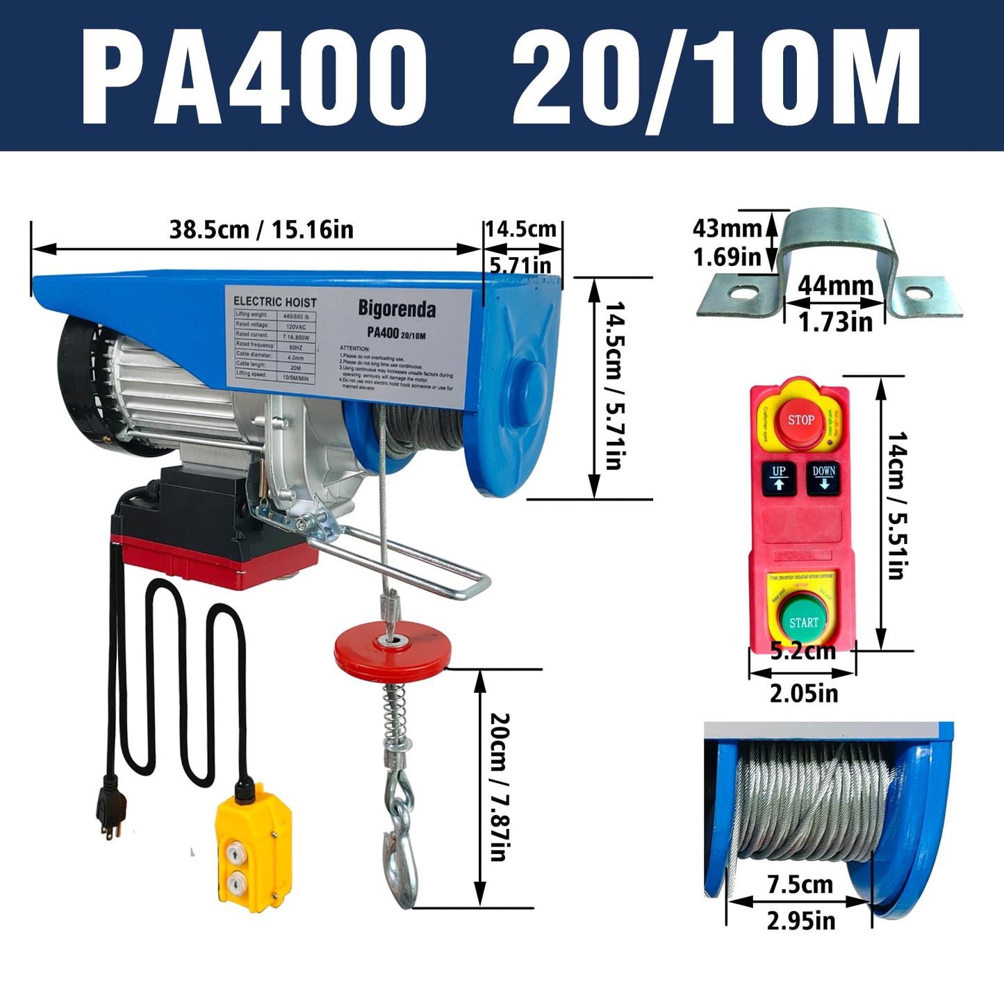 Bigorenda 880lb Electric Hoist with Remote Control/Wired Control, Electric Hoist 2 in 1, 110v Electric Hoist with Single/Double Slings,65.6/33ft Lifting Height, for Factory Attic Garage Warehouse