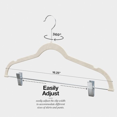 Home-it Velvet Hangers with Clips - Space-Saving No Slip Design for Pants, Skirts & Dresses - 10 Pack in Ivory