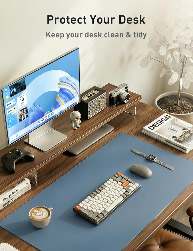 Aothia Faux Leather Desk Mat - Non-Slip PU Leather Desk Blotter, Waterproof Writing Surface, Large Desk Pad for Office & Home (Denim Blue, 55" x 17")