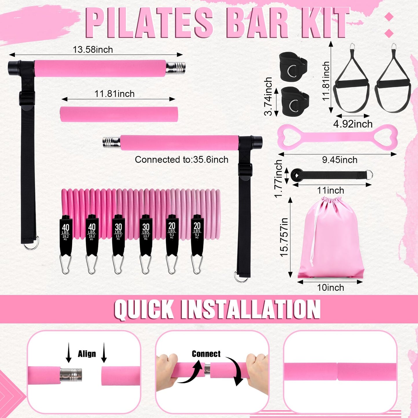 LaRandom Pilates Bar Kit with Resistance Bands Multifunctional Pilates Bar with Metal Adjustment Buckle Portable Storage Bag Yoga Essentials Kit Exercise Equipment for Home Women Gym Workout(Pink)