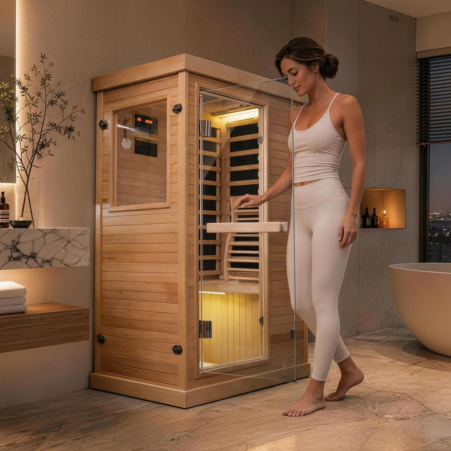 Mikolo 1 Person Far Infrared Sauna for Home | Ultra-Low EMF Indoor Dry Sauna | Solid Canadian Hemlock with 5 Carbon Heaters | Chromotherapy Light Therapy & Bluetooth for Wellness and Relaxation