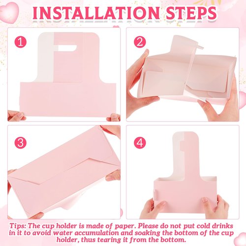 MotiMind 20 Pack 2 Cup Drink Carrier with Handle Kraft Paperboard Cup Holder Portable for Mother's Day Teachers' Day for Hot Cold Drinks Coffee Caddy with Heart Card Rope (Pink)