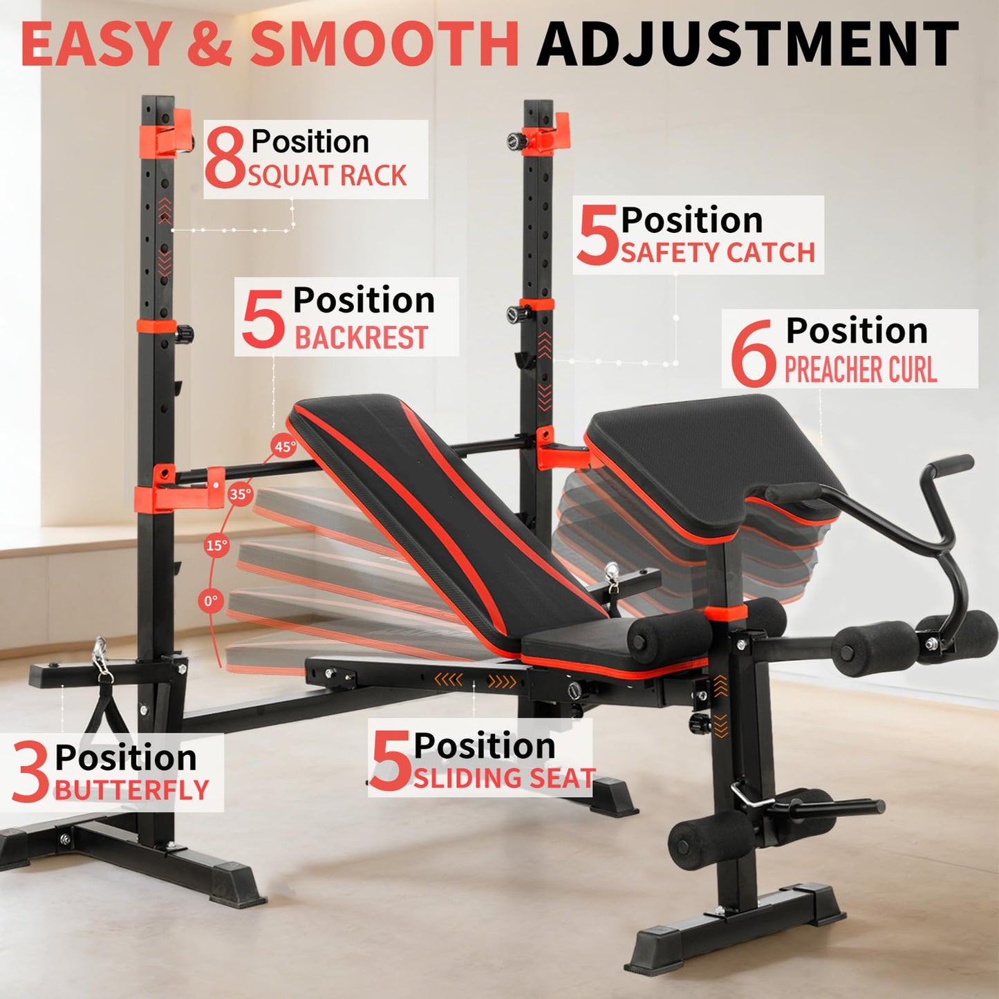 1500LBS 6 in 1 Weight Bench Set with Leg Extension/Curl and Preacher Curl, Bench Press Set and barbell Rack with Safety Bar Catches, Foldable Workout Benches for Home(US Stock)