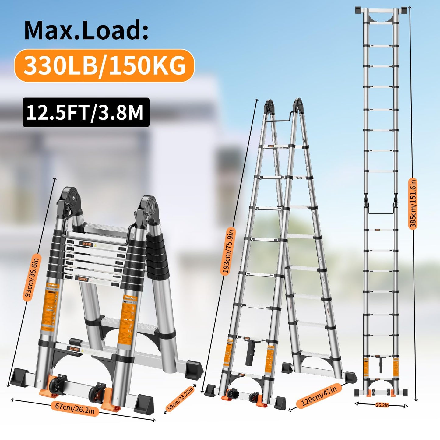 Telescoping Ladder A Frame,Telescopic Ladder for Home, Roof, RV，12.5 Ft Aluminum Extension Ladder with Balance Bar,Wheels and 2 Triangle Stabilizers，330 lb Capacity (12.5FT-A Frame PRO)
