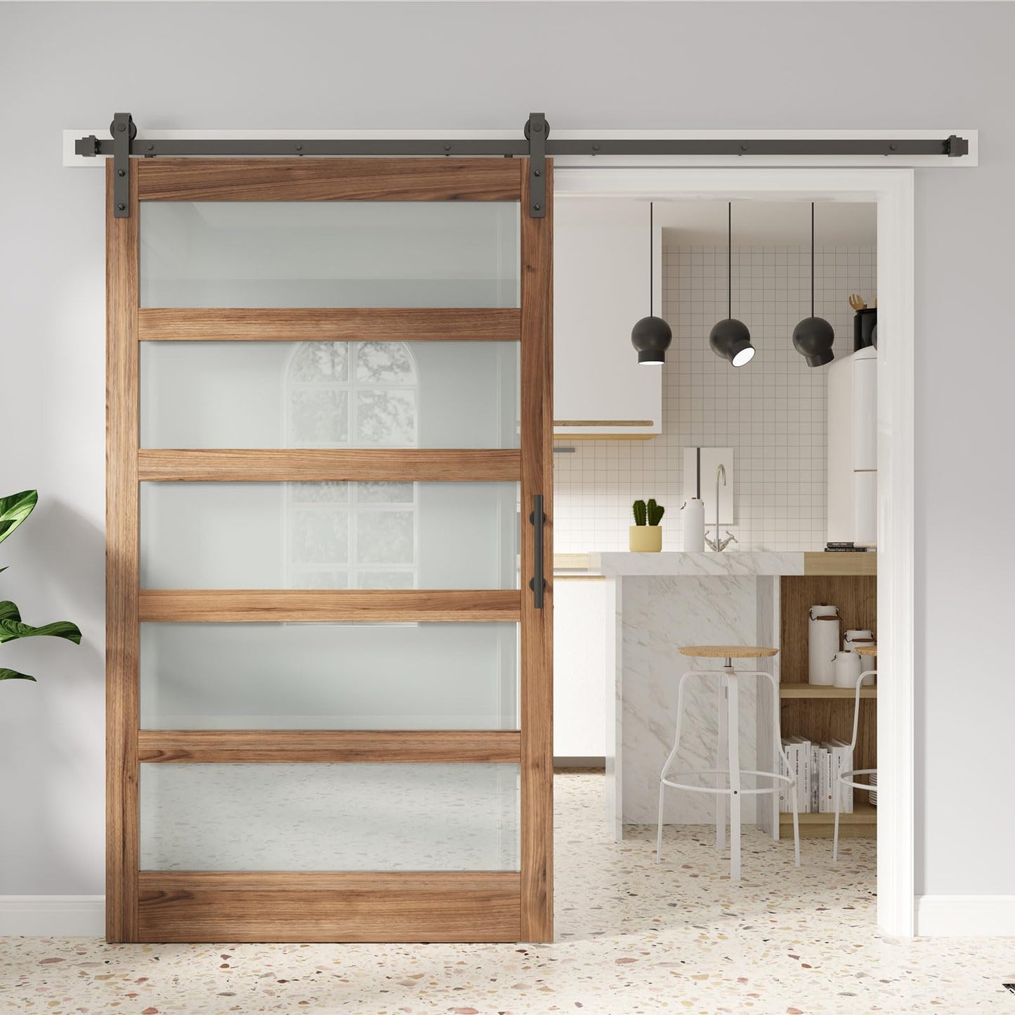 FREDBECK 48 x 80 inch Glass Barn Door with 8FT Barn Door Hardware Kit & Handle Included,5-Panel Frosted Glass,Wood Panel, Water-Proof Surface,Pre-Drilled Holes,Need Assembly