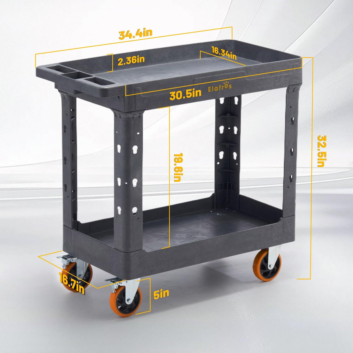 ELAFROS Heavy Duty Rolling Cart 34 x 17 Inch – 2 Tier Plastic Utility Cart, Service Cart with Deep Tub Shelves, Swivel Casters, 550 lbs, Gray